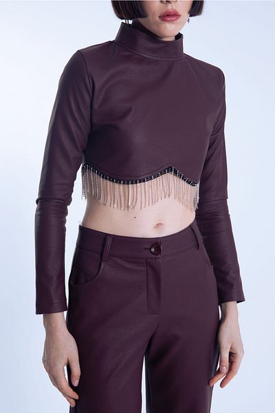 BERFUĞ KIRAN Burgundy Long Sleeve Velvet Jewelled Blouse