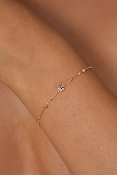 Bilsen Store 925 Ayar Gümüş Zincirli Altın Kaplama Mix Taşlı Toplu Yıldız - B...