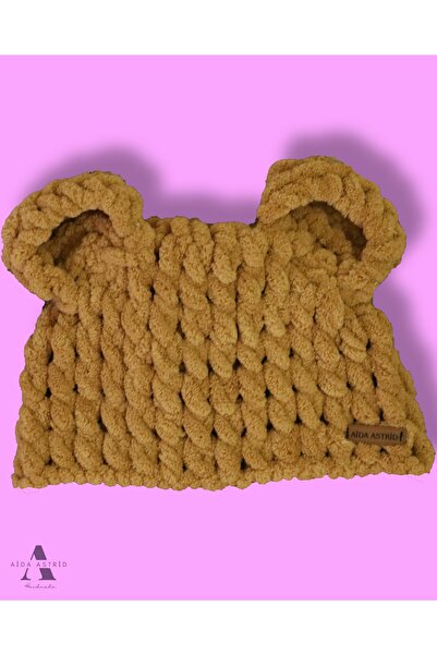 AidaAstrid Teddy Bear Eared Puffy Beanie Hat Animal Figured Brow Beanie Ski & Snowboard Winter Hand Knitted Hat