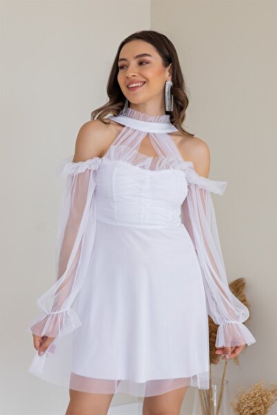 sarebutik Beyaz Tül Omuz Açık Nikah Elbise Abiye