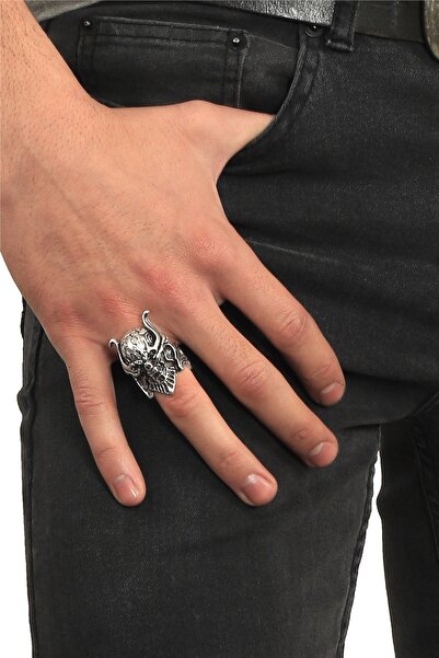 LABALABA Erkek Antik Gümüş Kaplama Ayarlanabilir Gotik Kurukafa Yüzük