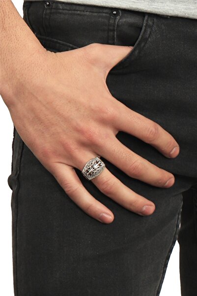 LABALABA Erkek Antik Gümüş Kaplama Ayarlanabilir Osmanlı Motifli Telkari Görünümlü Yüzük