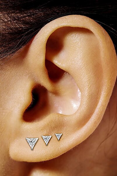 Begonia Accessories 925 Ayar Gümüş; Üçgen Zirkon Tek Taş Unısex 1 Çift Küpe