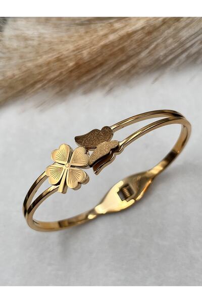 Çelik Harika Bijuteri Yonca Ve Kelebek Detaylı Altın Kaplama Kelepçe Bileklik