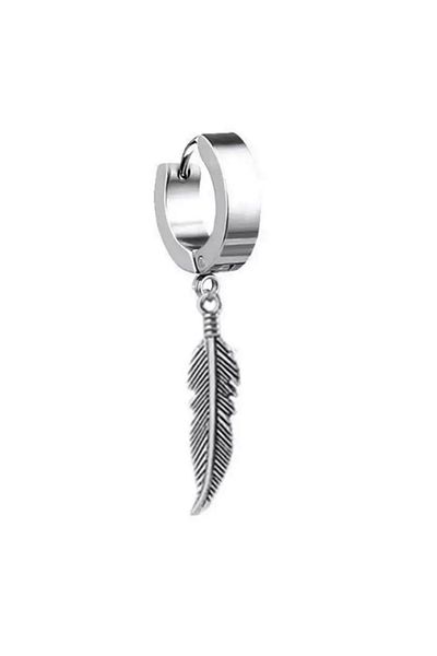 Jaida Moda Unisex Silver Color Feather Dangle Steel Hoop Earrings