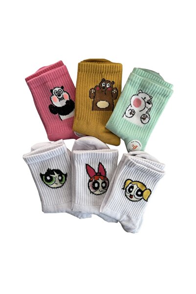 çorapdunyam Unısex 6'li Seri Renkli Powerpuff Girls Karakterli Neşeli Kolej T...