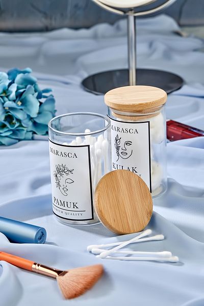 FBZhome Βάζο Marasca Ear Cotton & Cotton Organizer 2 τεμαχίων με καπάκι από μπαμπού 250 ml από βοριοπυριτικό γυαλί