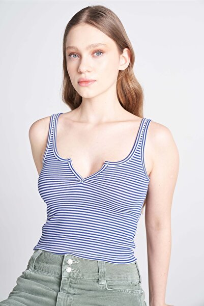 TUBİA Ριγέ V Λεπτομερής Crop Μπλούζα