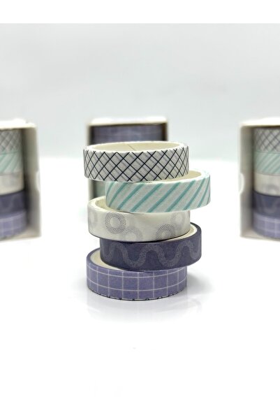 Genel Markalar 5'li Desenli Mini Washitape/kağıt Bantlar ( 5 Adet*1cmx2m)mavi...