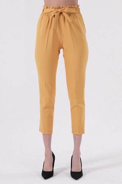 diaves Women's Seasonal Elastic Waist Atlas Fabric Carrot Cut Tan Trousers