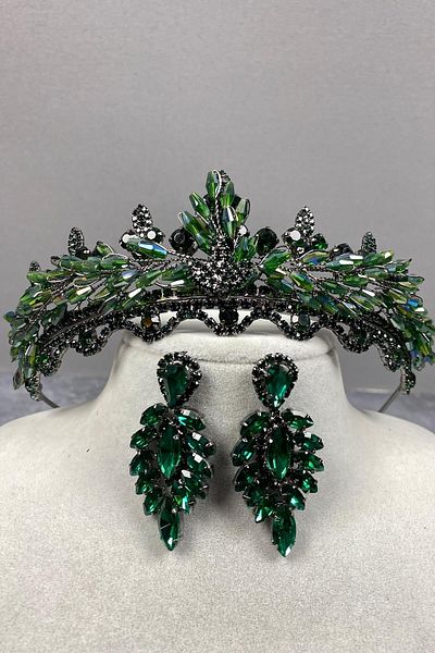 Hobigram Set de coroană de mireasă și cercei subțiri Marvel Model Henna cu cristal verde – Coroană, piatră de cristal – Coroană