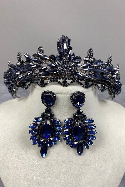 Bride Aksesuar Dünyası Σετ νυφικής κορώνας και σκουλαρίκια σε μπλε ναυτικό χρ...