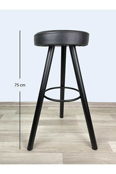 İREM Banco Bar Sandalyesi, Bar Taburesi 75cm Siyah Ayak Siyah Deri Oturak