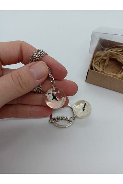 BalıkHediyelik Bird Themed Necklace and Keychain Set Between the Clouds