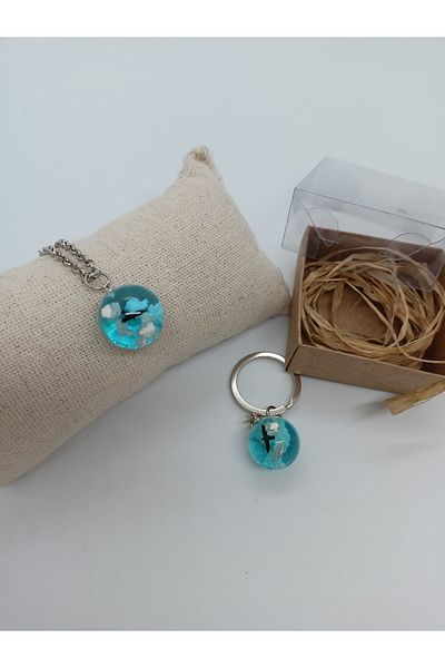 BalıkHediyelik Bird Themed Necklace and Keychain Set Between the Clouds