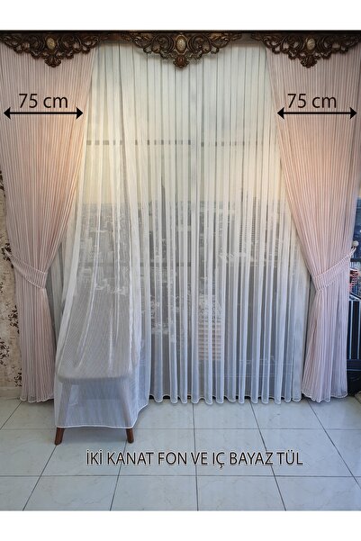 lüks House Pudra Sağ Sol Kanat Fon Ve Iç Beyaz Tül Takım Kombin Perde Sık Pile