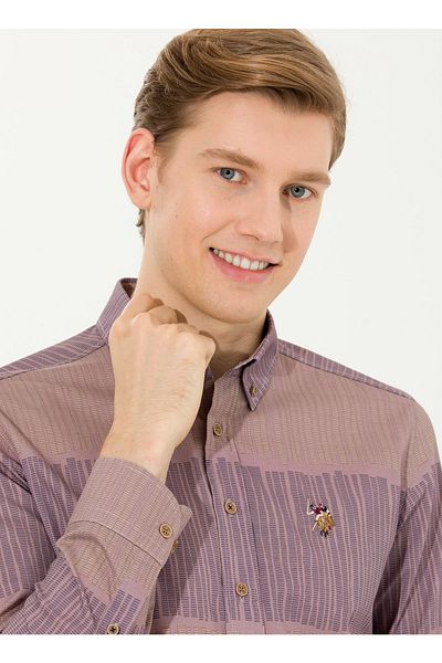 U.S. Polo Assn. Сива мъжка риза - яка с копчета и детайл с перфорация