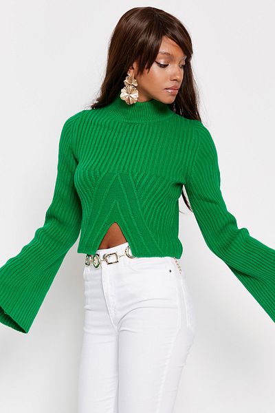 Hopoi Pulover de damă verde smarald cu mânecă spaniolă Tt3144