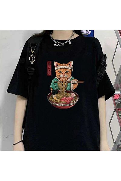 Touz Black Unisex Oversize Daily Samurai Cat Spaghetti T-shirt