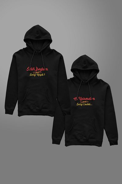 Pettek Lover Combination Valentine's Day 2 Piece Design Yeşilçam Selvi Boylum Hoodie Sweatshirt with Kangaroo Pocket