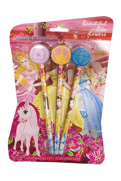 FLY COLOR 3-Piece Pencil Set with Patterned Eraser