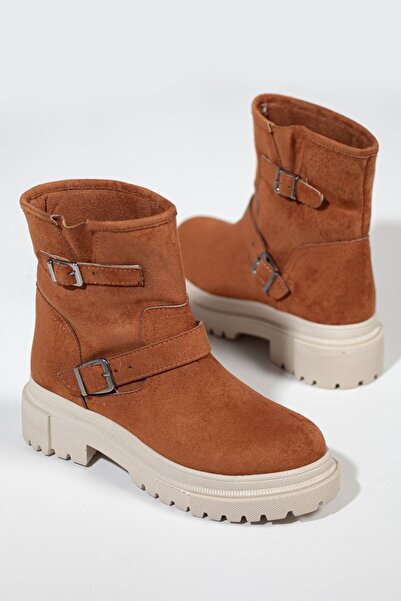 LULO Kadın Taba Süet 5cm Kalın Platform Tabanlı Tokalı Spor Şık Çekme Bot