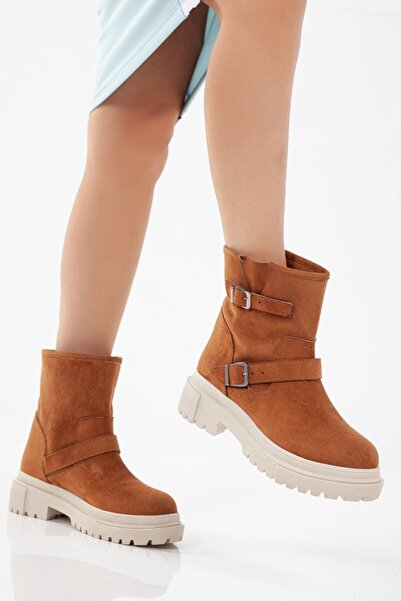 LULO Kadın Taba Süet 5cm Kalın Platform Tabanlı Tokalı Spor Şık Çekme Bot