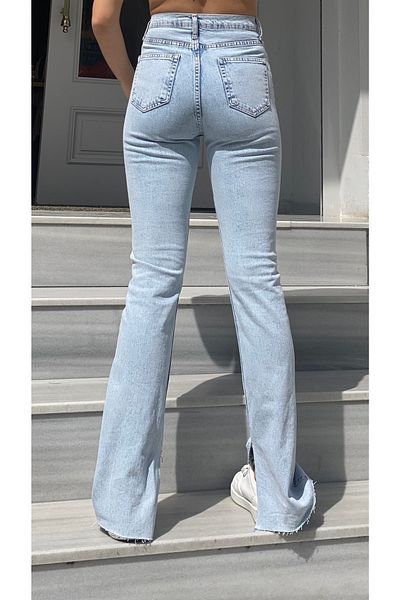 Trn JNS Ανοιχτό μπλε Snow Washing Ripped Inside Spaghetti Leg Lycra Flare Jeans Jeans Collector
