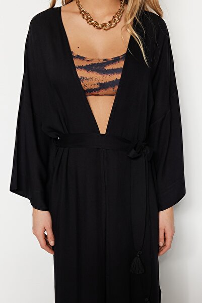 Trendyol Collection Black Belted Maxi Woven Kimono&Kaftan TBESS21KM0152