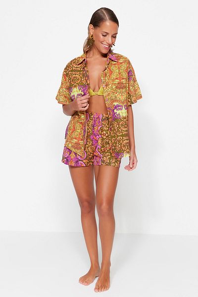 Trendyol Collection Ethnic Patterned Woven 100% Cotton Shirt Shorts Set TBESS23AU00012