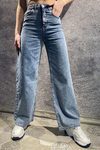 Trn JNS Nice Likralı Kadın Mavi Orta Kar Süper Yüksek Bel Salaş Paça Denim Ko...