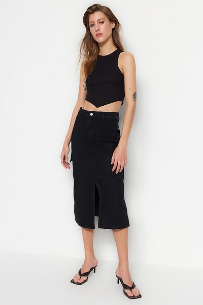 Trendyol Collection Černá Cargo Pocket Detailní Midi Denimová sukně s vysokým pasem TWOSS23ET00110