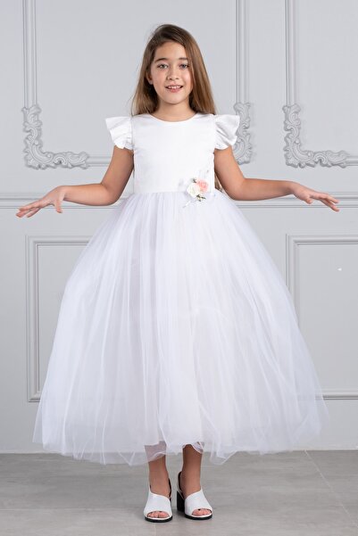 Kıvanç Çocuk Kız Çocuk Mavi Fırfırlı Kısa Kollu Uzun Tütülü Simli Elsa Abiye Elbise