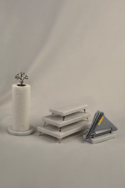 MERALP 3-Piece Silver Marble Dowry Set Presentation Holder & Napkin Holder & Roll Napkin Holder Cake Presentation, Metal Profile Base