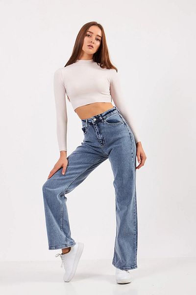 MAKRAS EXCLUSIVE Mary anii 90 Snow Wash Blue Lycra Jeans largi cu talie super înaltă Pantaloni Palazzo