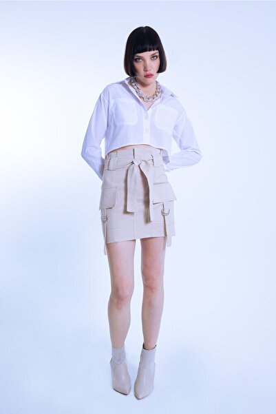 BERFUĞ KIRAN Bej D Tokalı Cepli Yüksek Bel Mini Etek