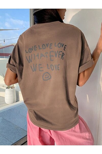 Black Sokak Blacksokak női világosbarna Love Love Love nyomott oversize, bő nyakú póló