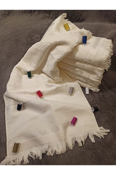 ŞENER HOME Set of 6 Etamine Embroidered Cream Velvet 30x50 Kitchen Hand Towels with Gaps and Tassels