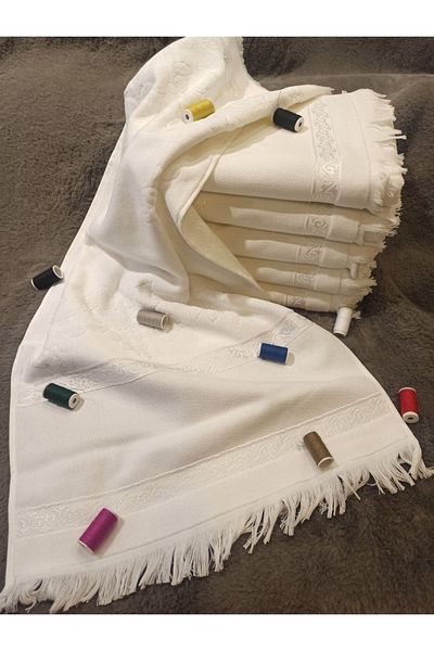 ŞENER HOME Set of 6 Etamine Embroidered White Velvet 30x50 Kitchen Hand Towels with Gaps and Tassels