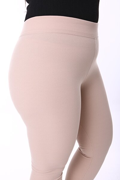 Pijamella Γυναικείο χειμωνιάτικο κολάν σε μπεζ ανθρακί με ραβδώσεις Plus Size