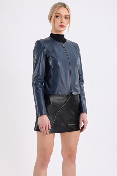 Leather Club سترة جلدية زرقاء داكنة