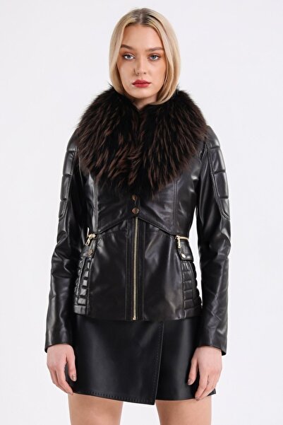Leather Club Siyah Fox Aksesuarlı Deri Ceket
