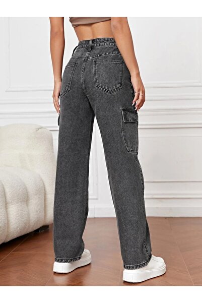 SHEVEGA Smoked High Waist Women's Cargo Pocket Lycra Wide Leg Loose Jeans Flare Jeans