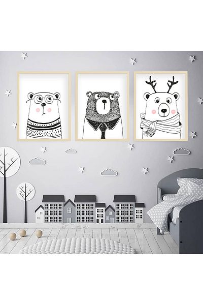 Ya&mu 3 Pieces 33 X 44cm Large Size Wooden Framed Baby, Children's Room Painting Set