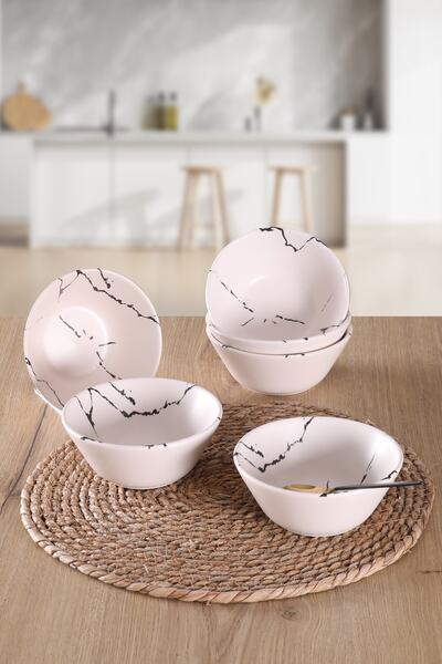 Keramika Buket'in Evi Mat Beyaz Mermer Desenli 14cm Çorba Kasesi 6adet