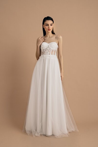 Lenta Moda White Transparent Crystal Embroidered Lace Detailed Glitter Evenin...