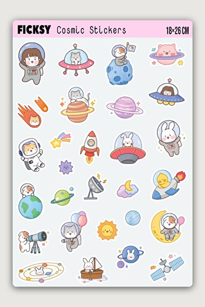 Ficksy مجموعة ملصقات Kawaii Kozmik Animals - 28 قطعة من ملصقات الفضاء والكوكب...