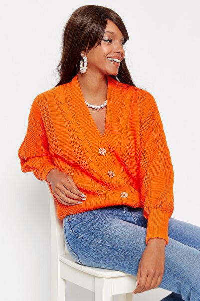 Hopoi Cardigan cu nasturi împletit cu păr portocaliu pentru femei T3134