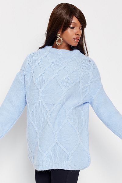 Hopoi Pulover moale pentru femei Baby Blue cu guler în picioare T3136
