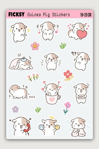 Ficksy مجموعة ملصقات خنزير غينيا اللطيفة على طراز كاواي - 17 قطعة من ملصقات ملصقات خنزير غينيا
